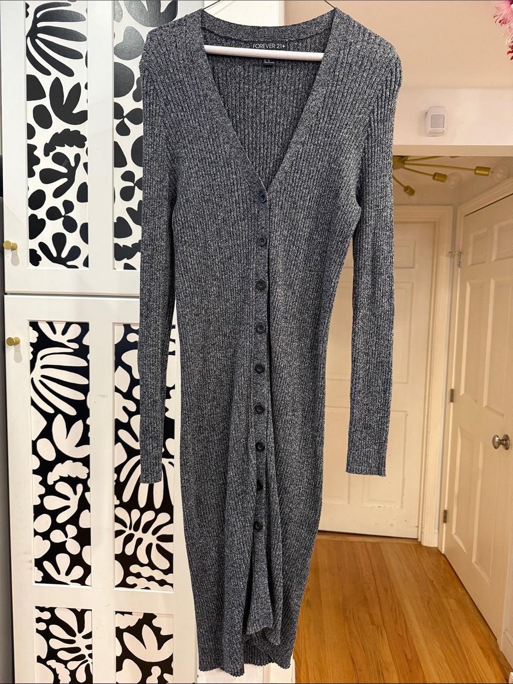 Forever 21 Gray Ribbed Button-Up Midi Cardigan Dress